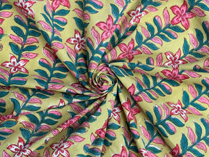 C25.9 - Hand Printed Cotton Cambric - green pink vine ***