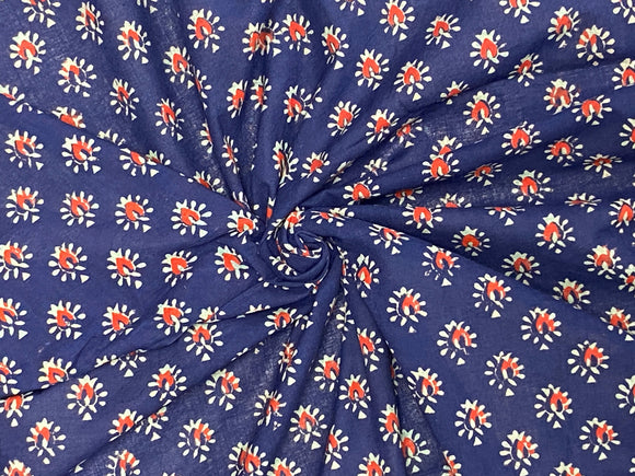 C24.2 - Hand Printed Cotton Cambric - navy red butta flower ***